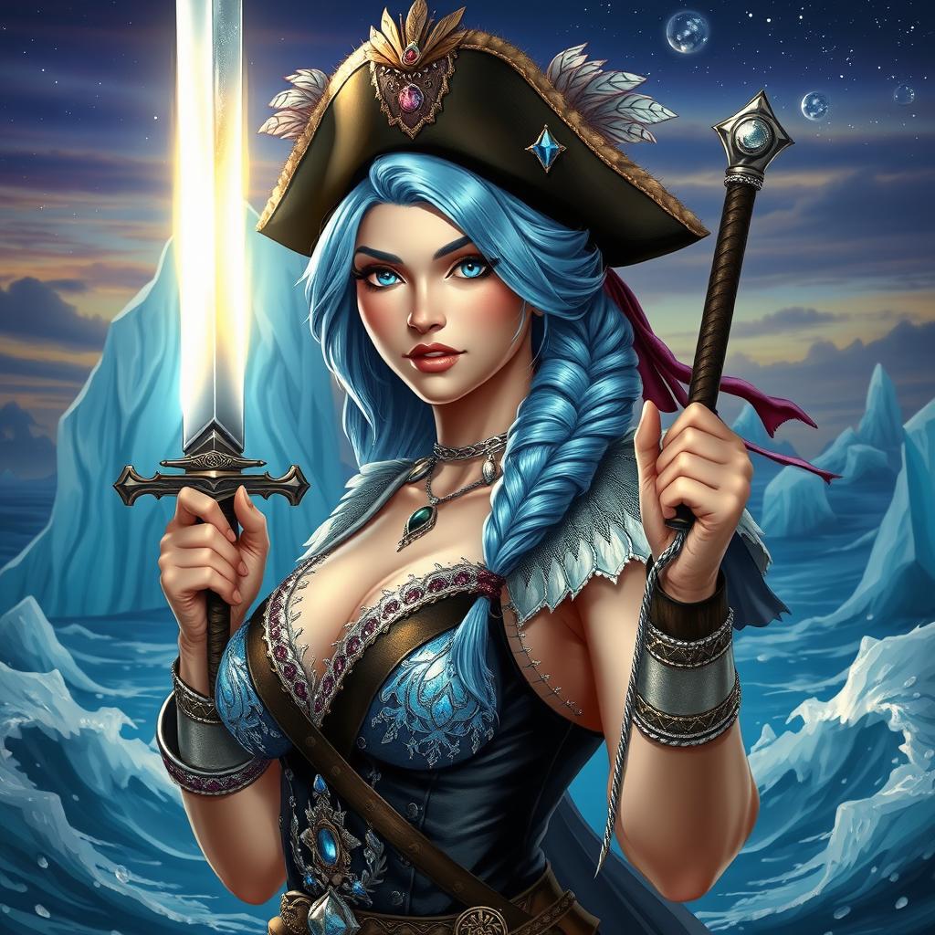 A fantasy scene featuring a strong, adventurous woman with ice-blue hair styled in a braid, wearing a pirate hat decorated with feathers and jewels