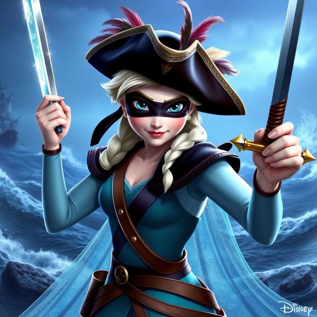 A fierce and adventurous Elsa from Disney's Frozen, striking a bold pose