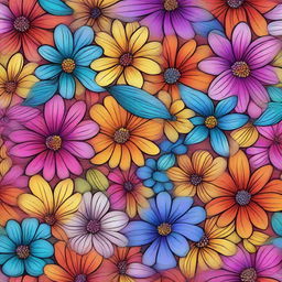 A vibrant digital art piece featuring an array of colorful flowers