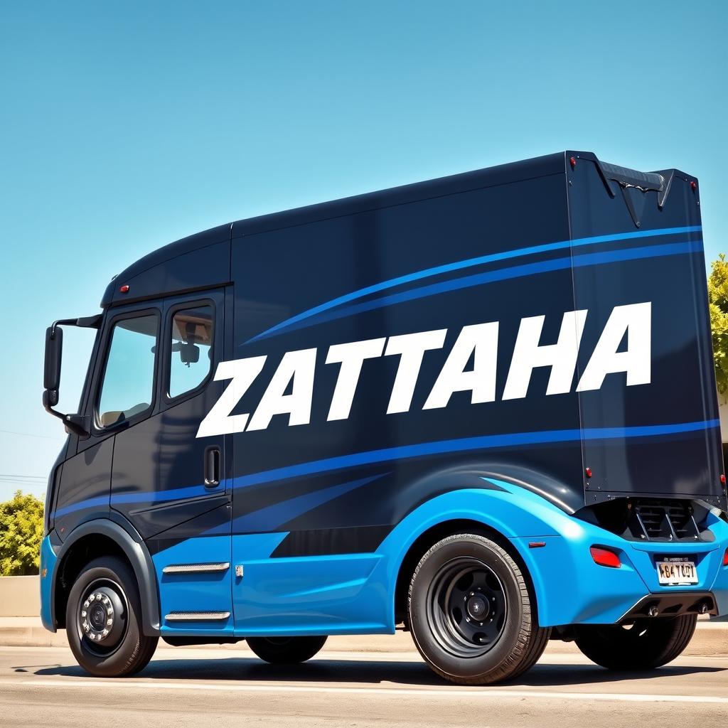 A sleek blue and black delivery truck parked on a sunny street