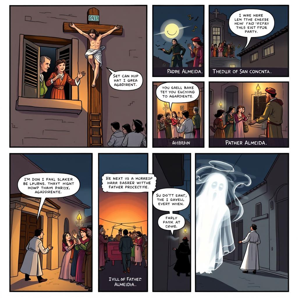 A comic strip depicting the Ecuadorian legend of Padre Almeida across six vignettes