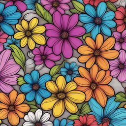 A vibrant digital art piece featuring an array of colorful flowers