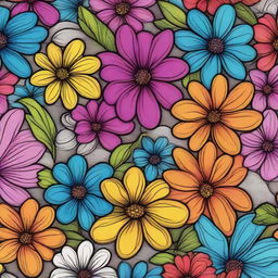 A vibrant digital art piece featuring an array of colorful flowers