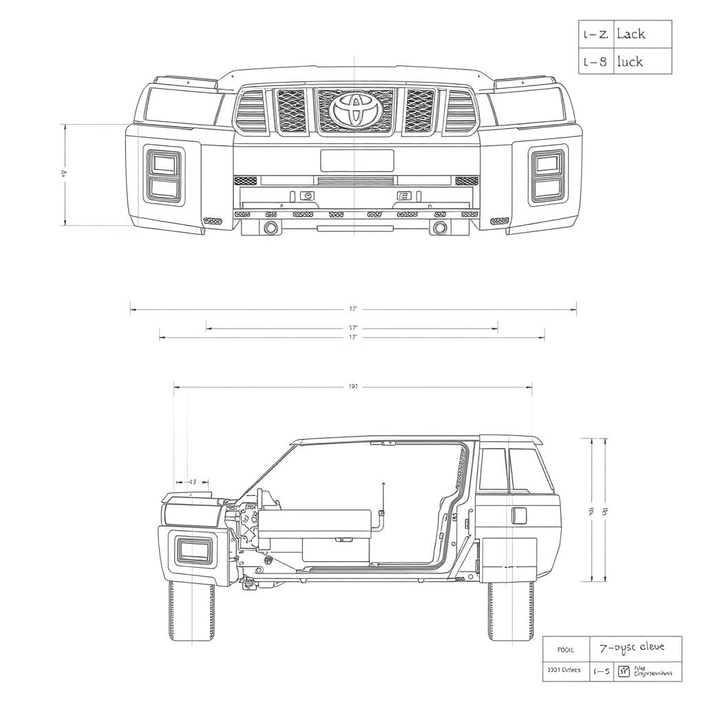 Technical drawing of the front bumper of the Toyota Land Cruiser J200, showcasing intricate details such as the design elements, dimensions, and material specifications