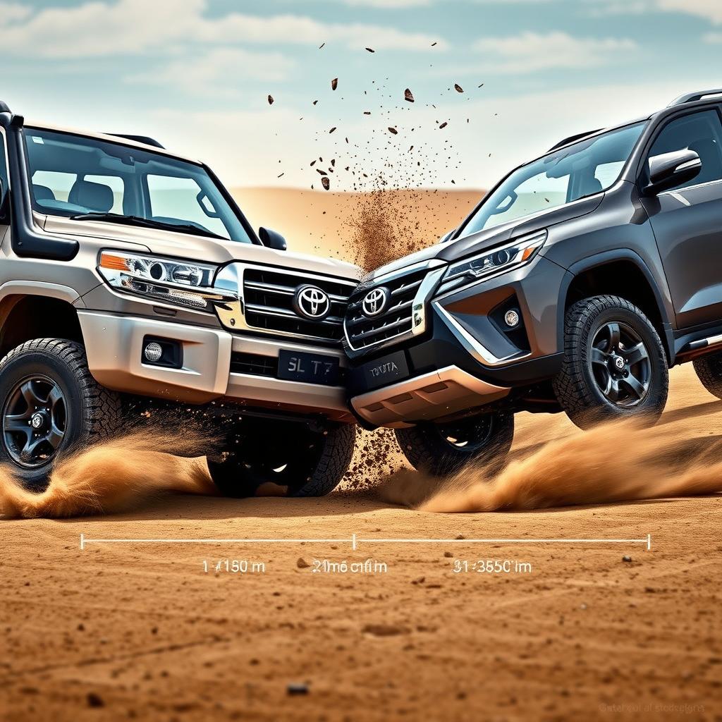 A dynamic scene depicting a head-on collision between a Toyota Land Cruiser J200 and its rival vehicle, showcasing both vehicles in striking detail