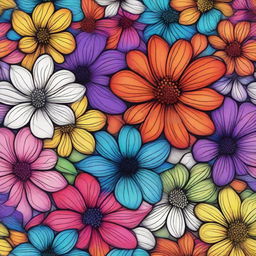 A vibrant digital art piece featuring an array of colorful flowers