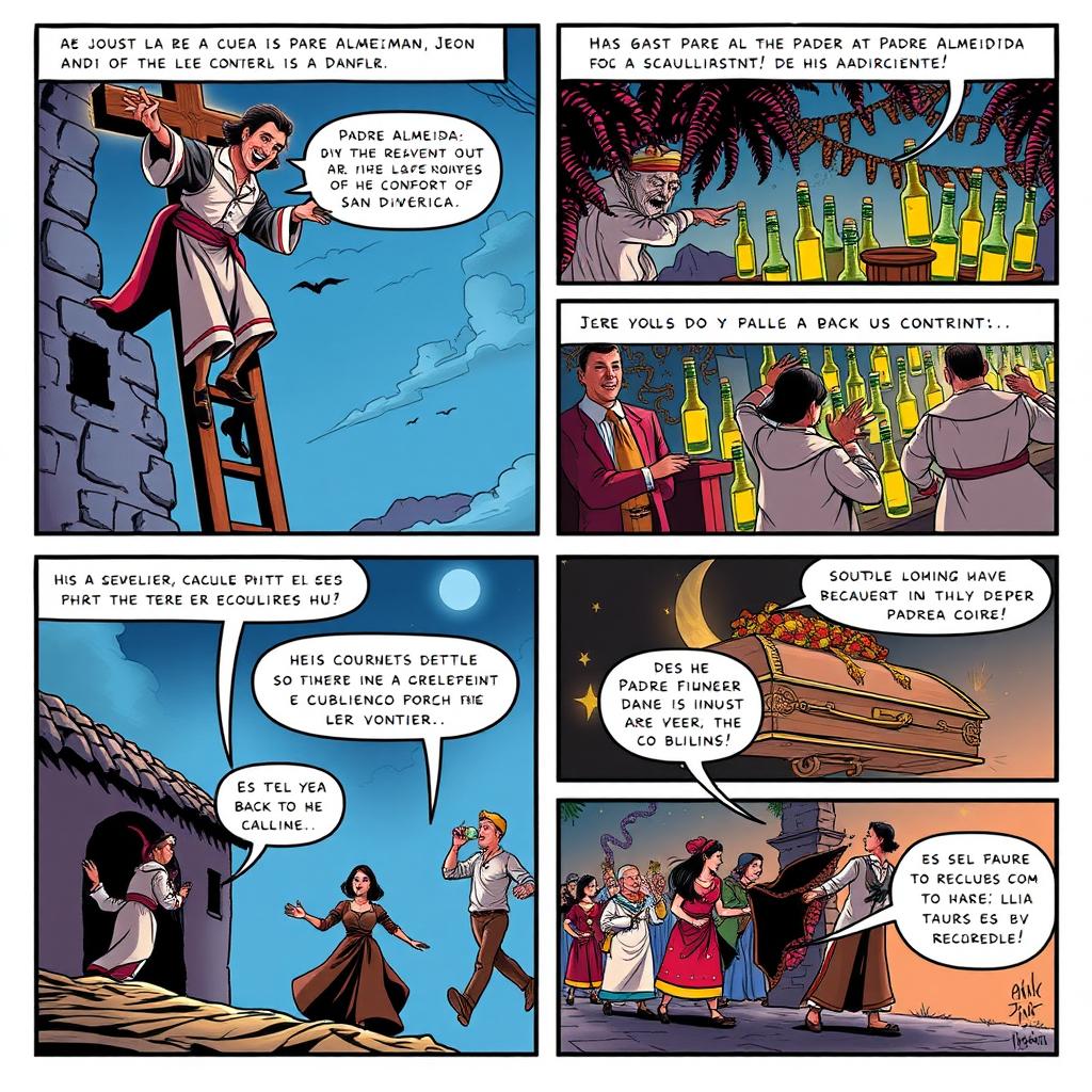 A comic strip illustrating the Ecuadorian legend of Padre Almeida in six vignettes, featuring dynamic storytelling and expressive artwork