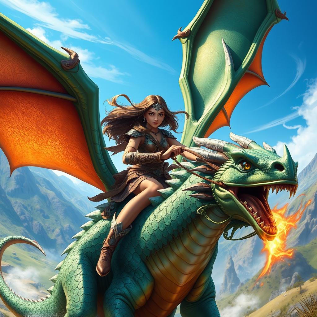 A fierce and beautiful young woman riding a majestic dragon through a vibrant fantasy landscape