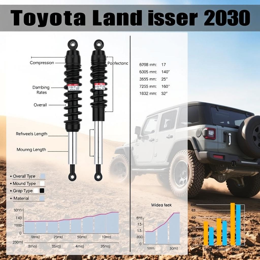 A detailed technical sheet featuring the comparison of shock absorbers for the Toyota Land Cruiser 200
