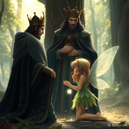 A magical fairy girl with delicate wings, kneeling before a regal king dressed in a magnificent black cloak adorned with gold embroidery