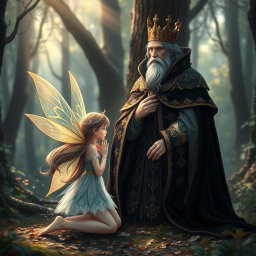 A magical fairy girl with delicate wings, kneeling before a regal king dressed in a magnificent black cloak adorned with gold embroidery