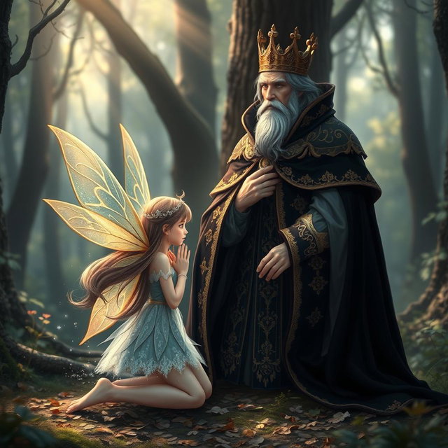 A magical fairy girl with delicate wings, kneeling before a regal king dressed in a magnificent black cloak adorned with gold embroidery