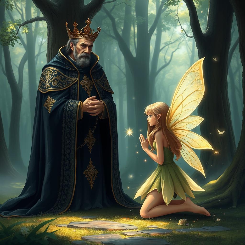A magical fairy girl with delicate wings, kneeling before a regal king dressed in a magnificent black cloak adorned with gold embroidery
