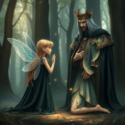 A magical fairy girl with delicate wings, kneeling before a regal king dressed in a magnificent black cloak adorned with gold embroidery