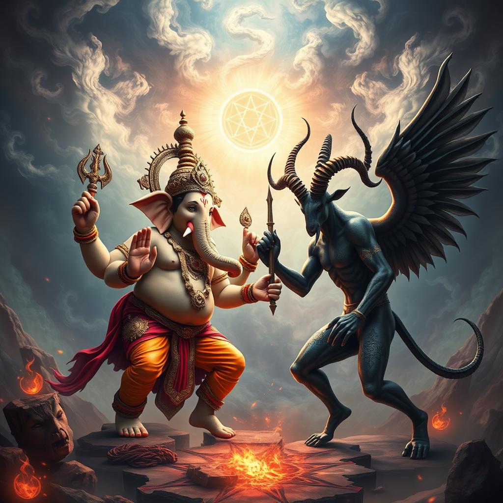 An epic confrontation between Ganesha, the Hindu god depicted with an elephant head and a human body, showcasing four arms adorned with intricate jewelry and holding symbolic objects, ready for battle
