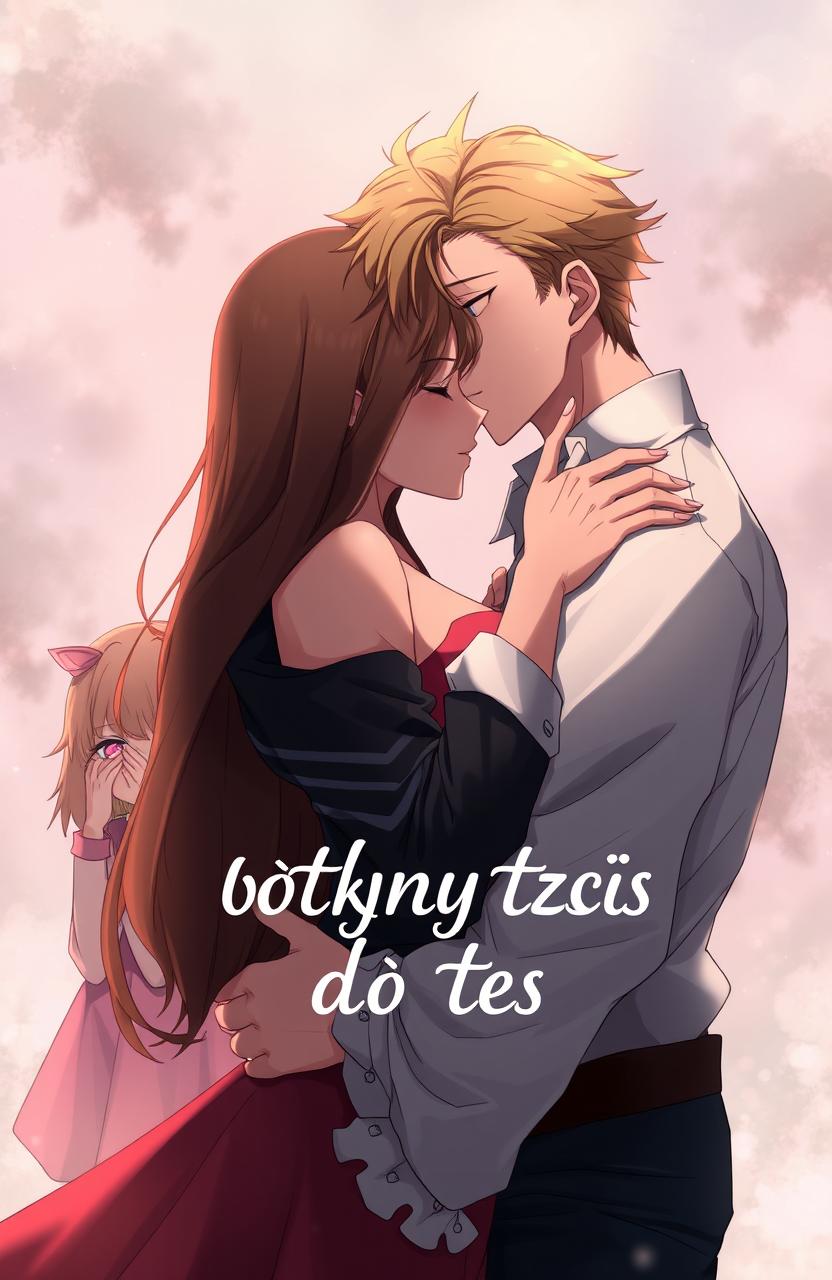 A passionate embrace between a man and his lover, depicted in anime style