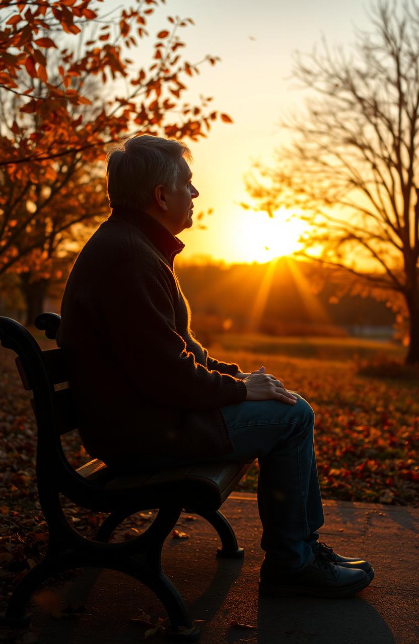 A contemplative scene depicting a person sitting alone on a park bench, surrounded by an autumn landscape with vibrant fall leaves swirling in the breeze