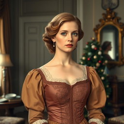 A portrait of Nora from the play 'A Doll's House', depicting her in an elegant late 19th-century dress with intricate lace and rich fabrics, showcasing her expressive features