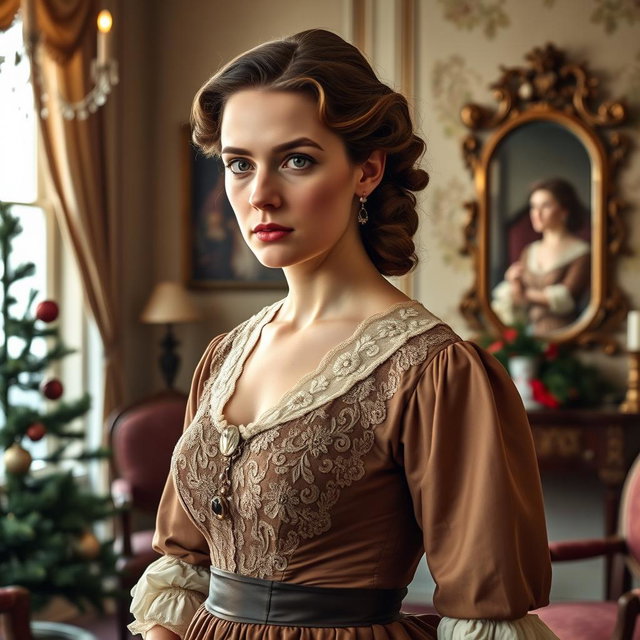 A portrait of Nora from the play 'A Doll's House', depicting her in an elegant late 19th-century dress with intricate lace and rich fabrics, showcasing her expressive features