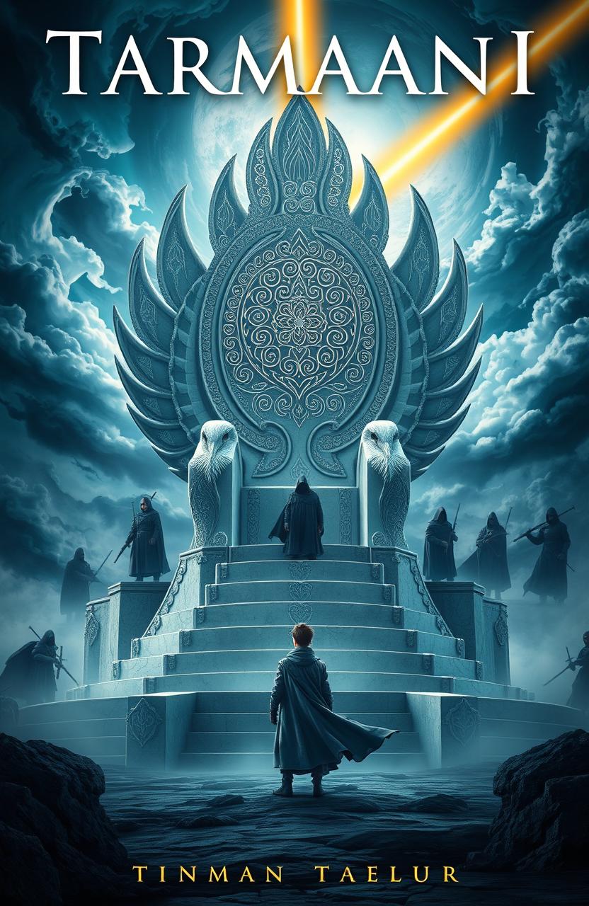 A breathtaking high-fantasy book cover set in the mythical world of Tarmaanë, featuring a majestic swan-shaped throne made of gleaming white marble, intricately adorned with silver engravings