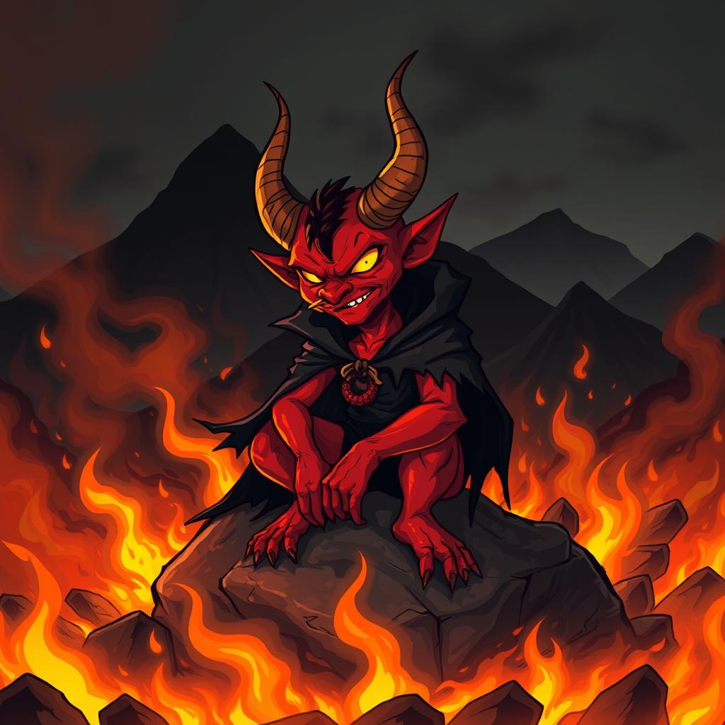 A striking and dramatic illustration of a devil character, with fiery red skin, large curved horns, and sharp pointed features