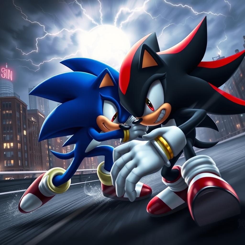 A dynamic action scene showcasing Shadow the Hedgehog attacking Sonic the Hedgehog in a dark, dramatic setting reminiscent of an intense film