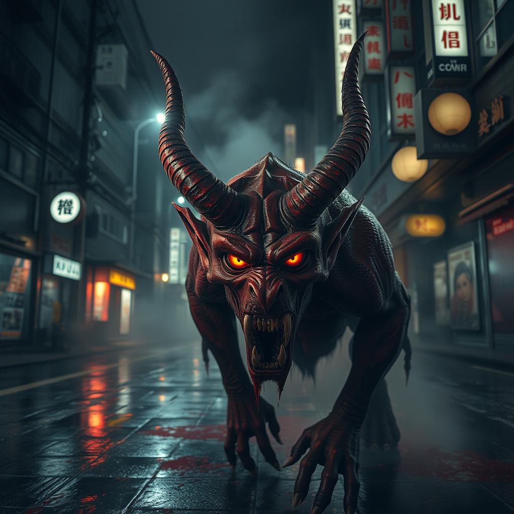 A terrifying, bloody devil creature roaming the dark streets of Tokyo at night, surrounded by ominous shadows and neon lights reflecting off slick pavement