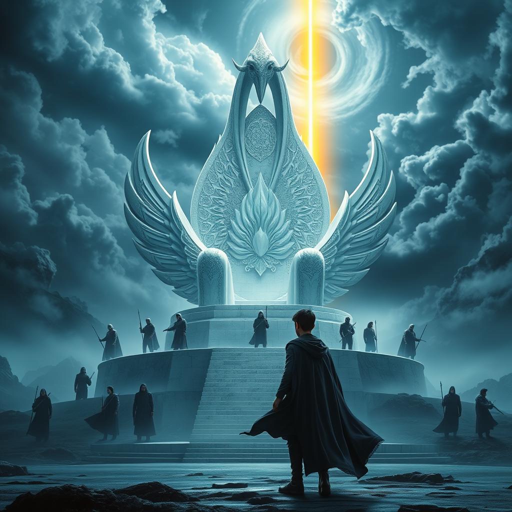 A breathtaking high-fantasy book cover set in the mythical world of Tarmaanë, featuring a majestic swan-shaped throne made of gleaming white marble, intricately adorned with silver engravings