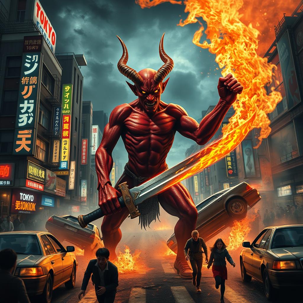 A dramatic scene in Tokyo where a humanoid devil, with red skin, sharp horns, and glowing eyes, stands amidst chaos