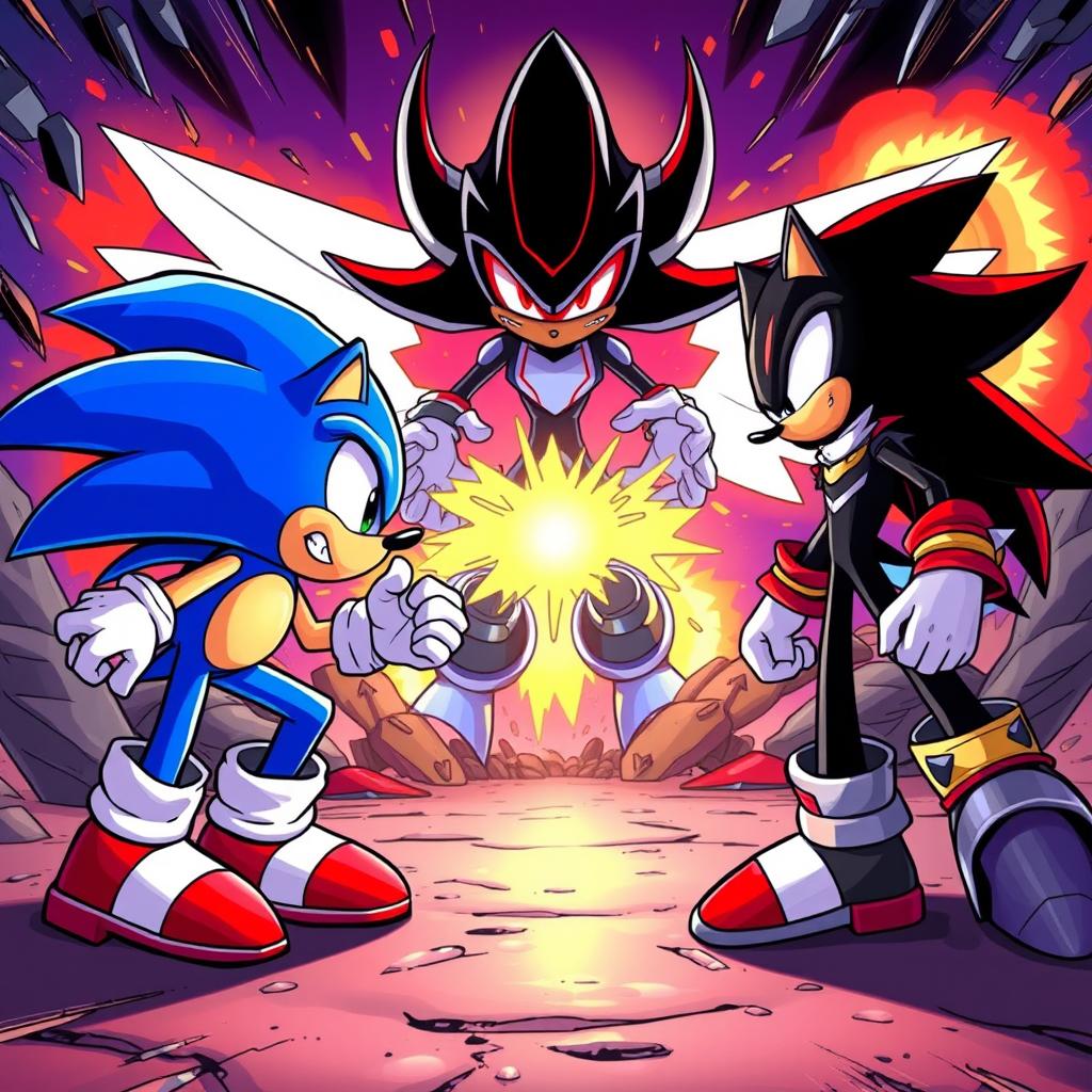 An epic battle scene featuring Sonic the Hedgehog faced off against Shadow the Hedgehog and Metal Sonic