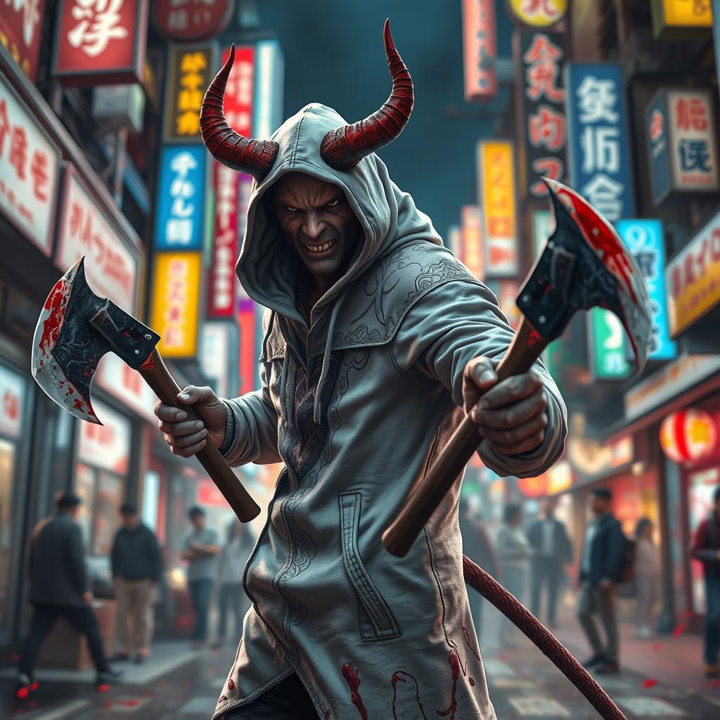A devil-like Zaheri character in a dynamic pose, wearing a classic white hoodie with intricate patterns and textures, holding two bloody axes