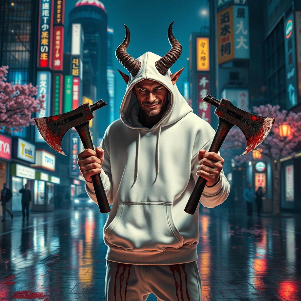 A devil-like Zaheri figure, characterized by sharp horns and mischievous eyes, stands confidently in the heart of Tokyo