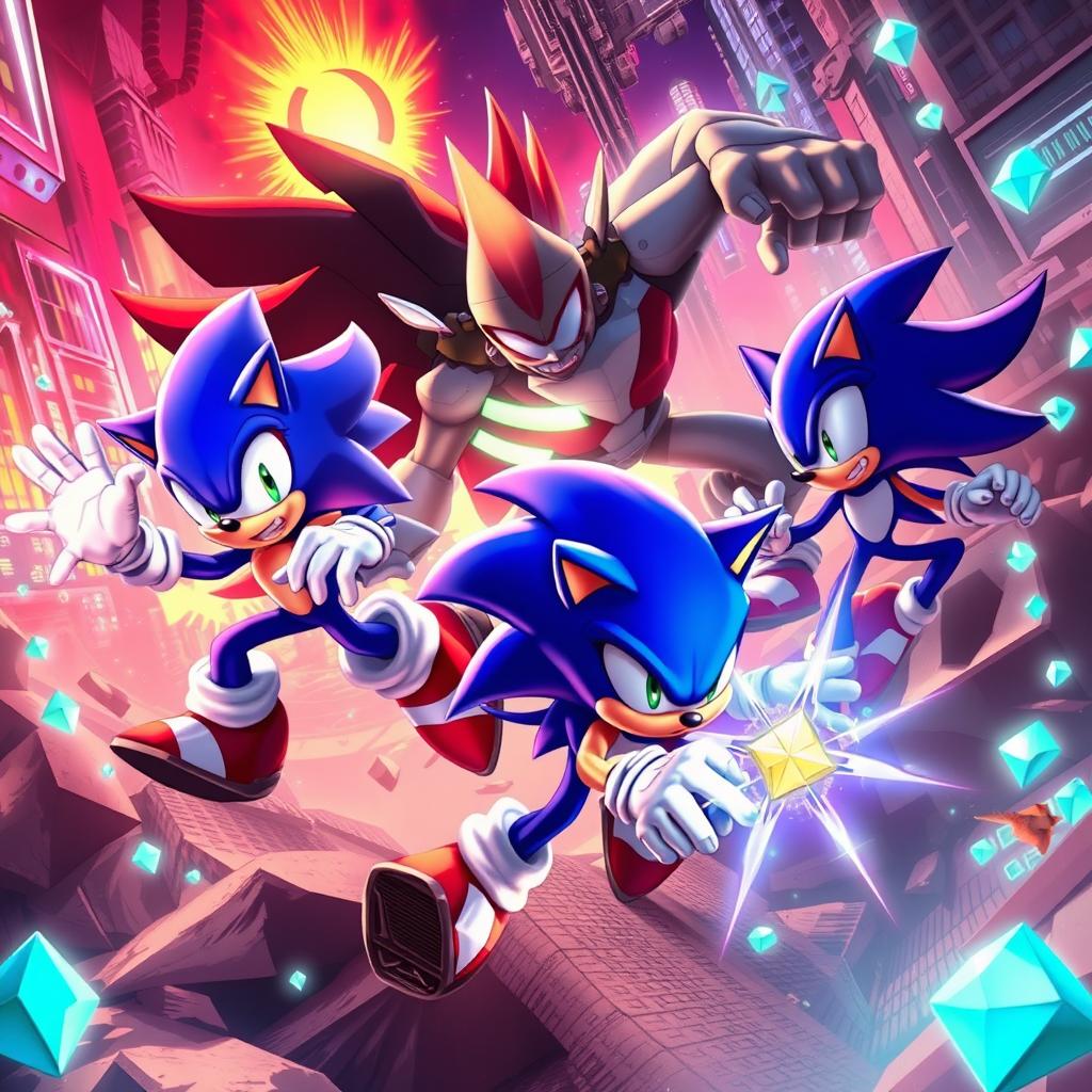 An epic scene featuring Sonic the Hedgehog in a dynamic battle alongside Shadow against the fierce Metal Sonic