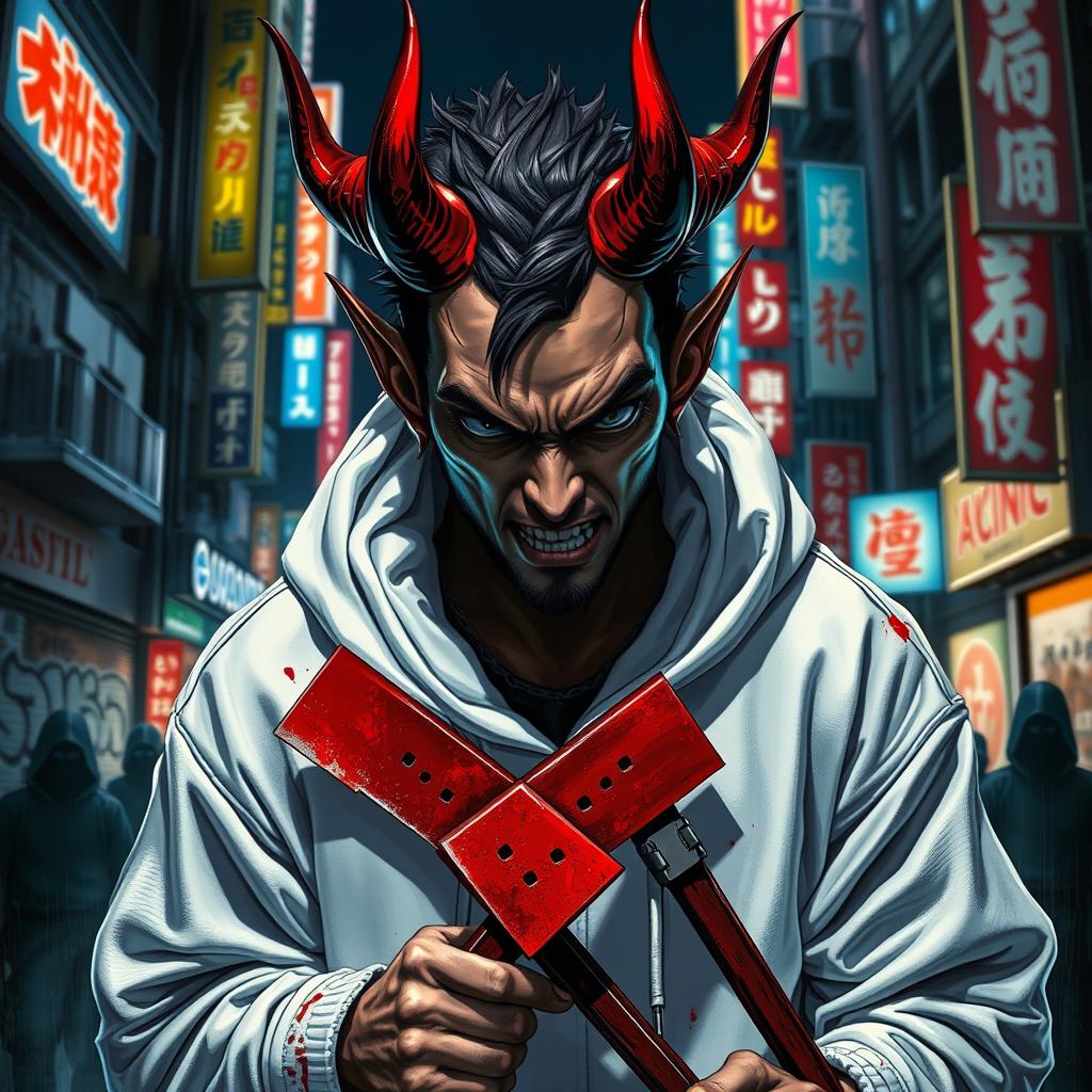 A fierce, devil-like character named Zaheri with striking features, wearing a white hoodie that contrasts dramatically with their red, blood-stained axes