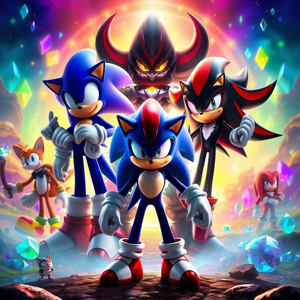 An epic fantasy scene featuring Sonic and Shadow, ready to battle Metal Sonic alongside their friends