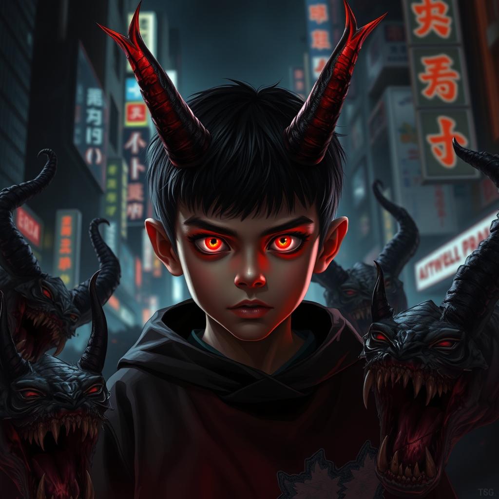 A young boy with two sharp, evil horns emerging from his head, featuring striking, blood-red eyes that glint with a menacing light