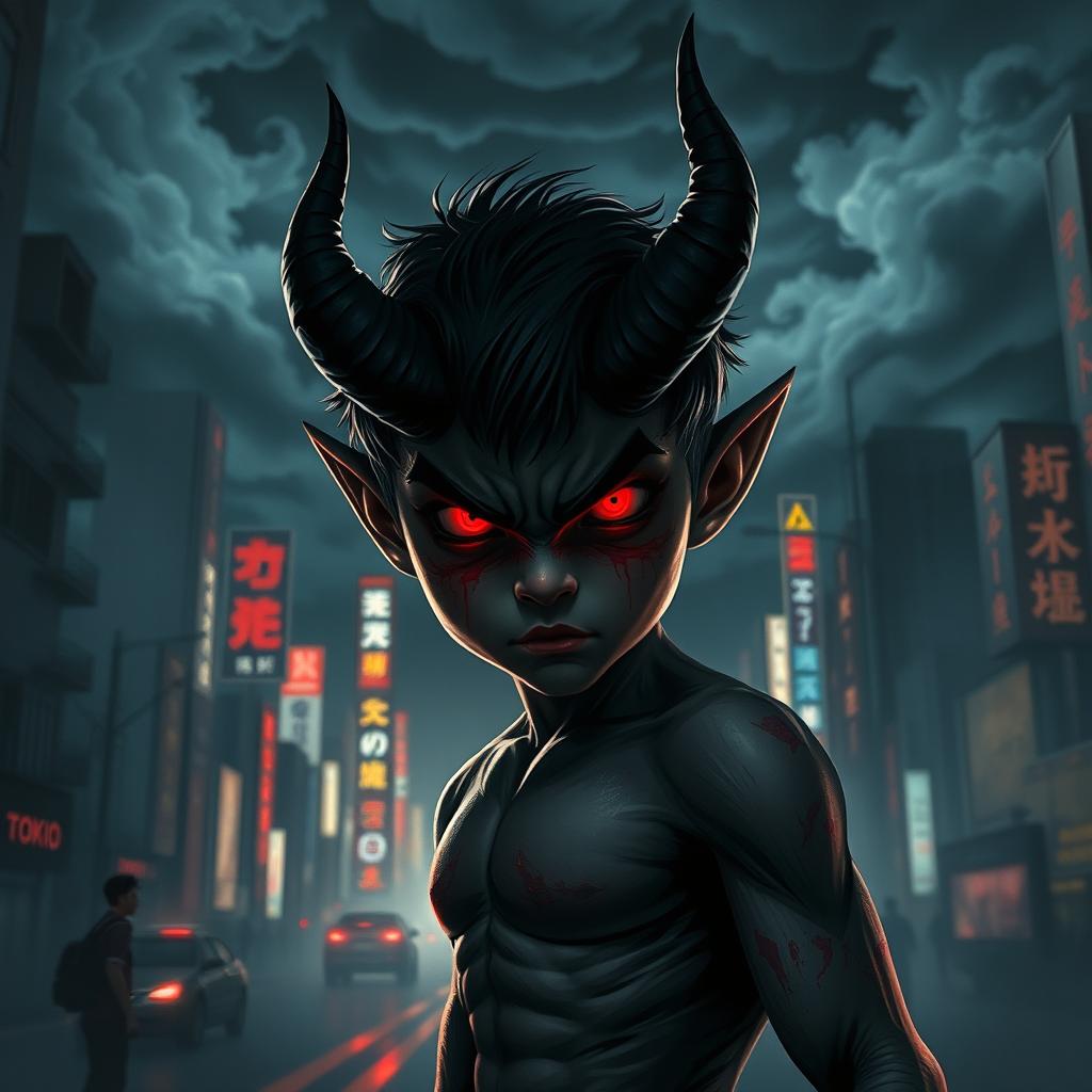 A young demon figure with two sinister horns, fierce red eyes dripping with a hint of blood, standing amidst a dark and atmospheric Tokyo at night