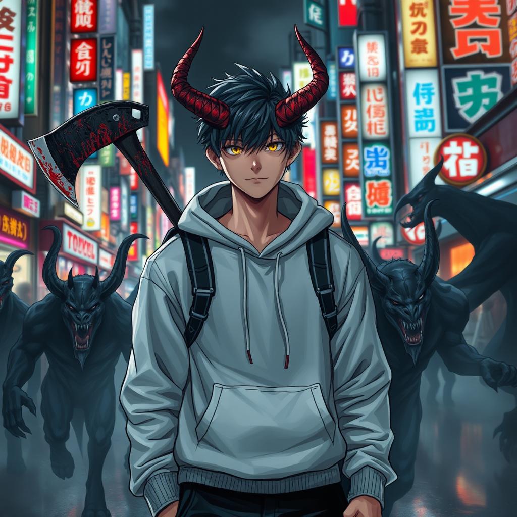 A young male figure with two menacing horns and two bloody axes, wearing a white hoodie, standing confidently in the bustling streets of Tokyo