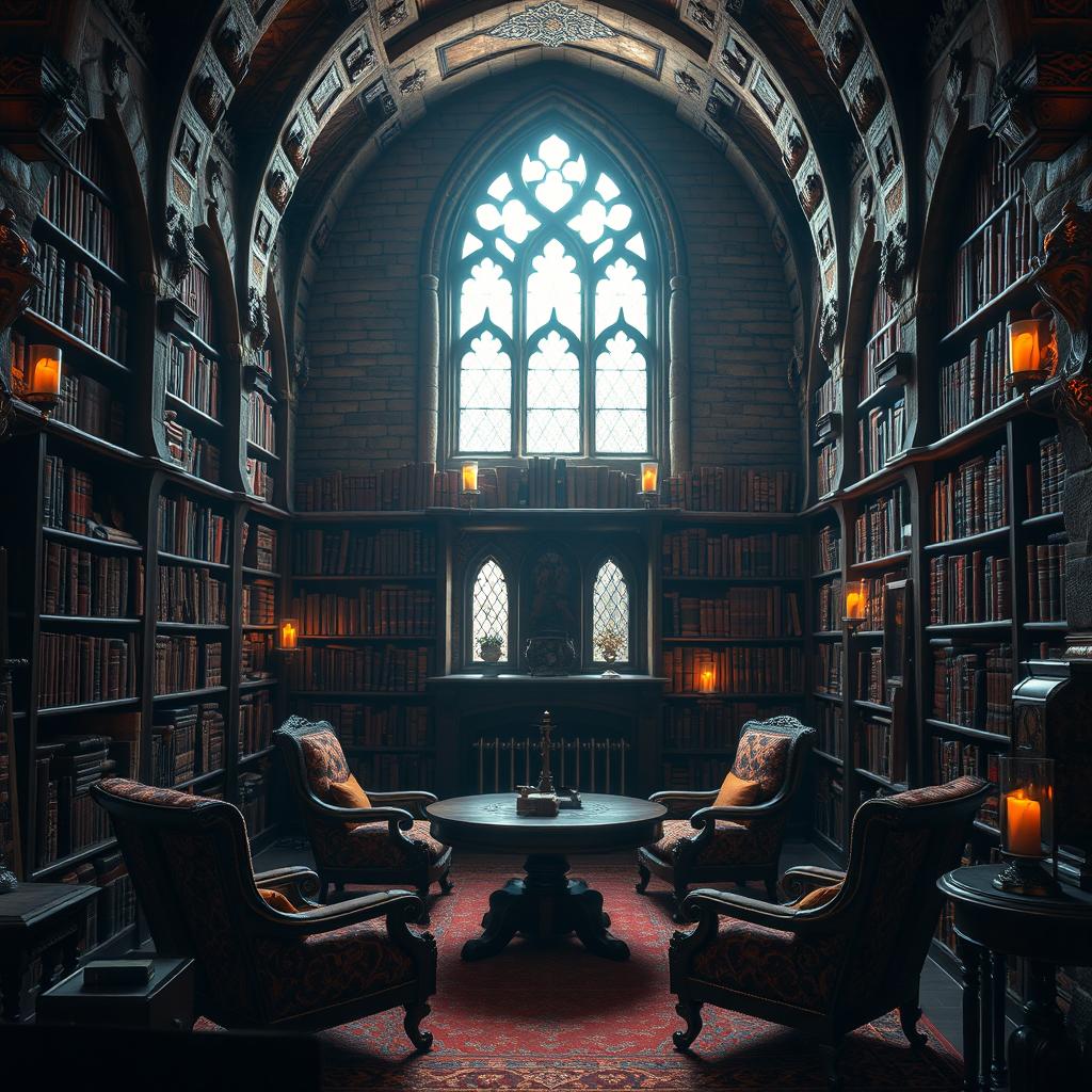 Inside a cozy fantasy library featuring medieval stone architecture