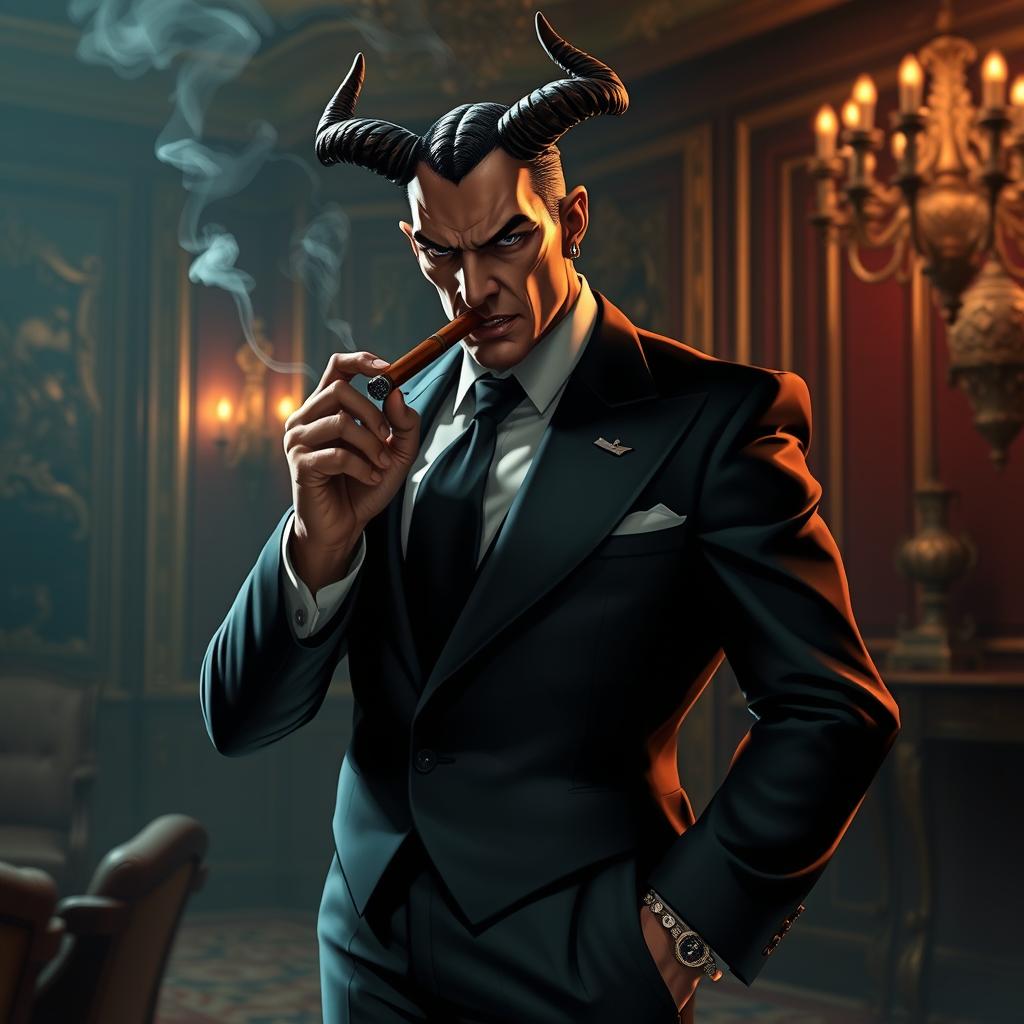 A stylish mafia boss character exuding authority and confidence, wearing a sharp tailored suit