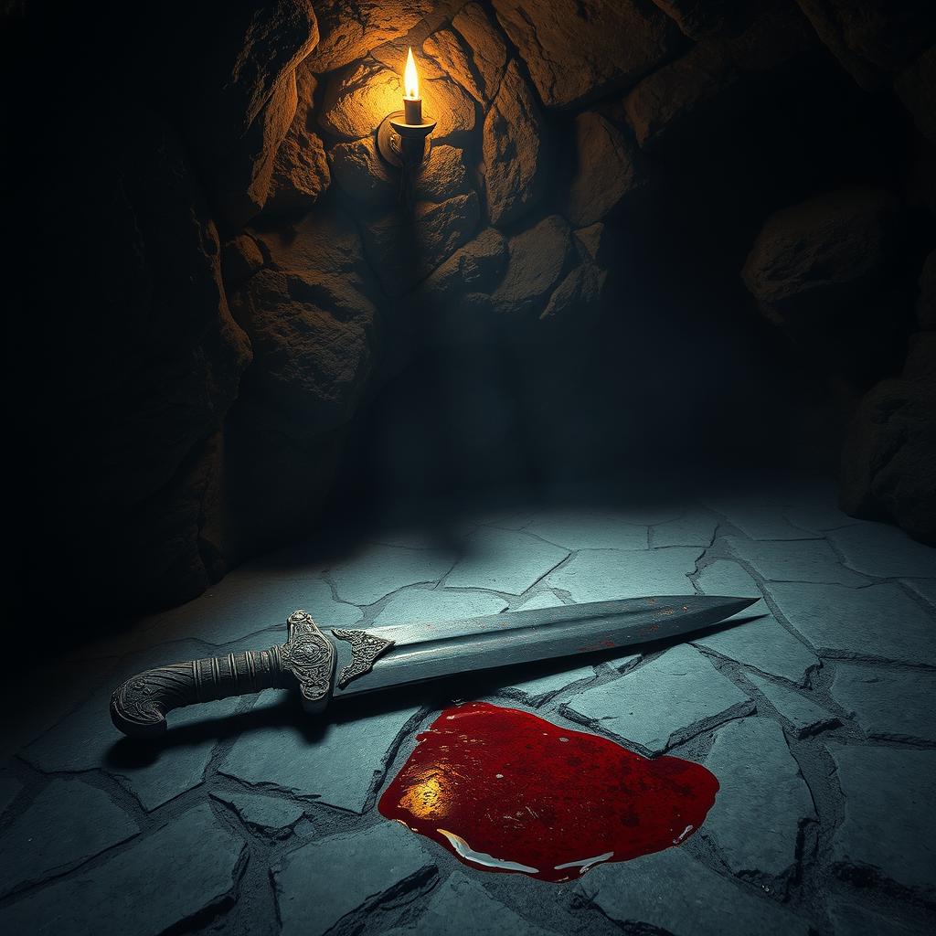 An ancient horse-shaped dagger, intricately designed and weathered, lies ominously on the ground inside a dark cave