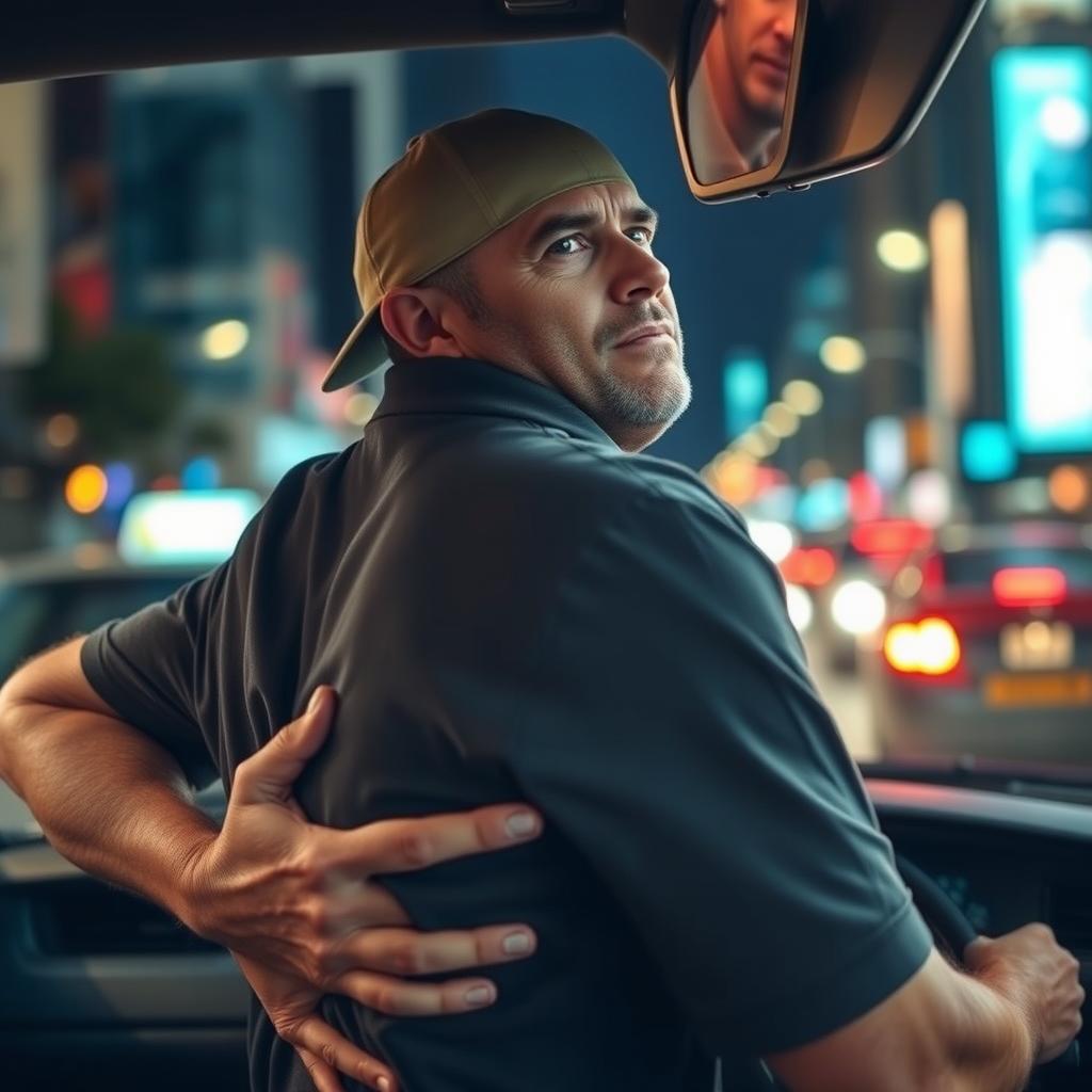 A taxi driver in a city setting, visibly exhausted after a long day of work