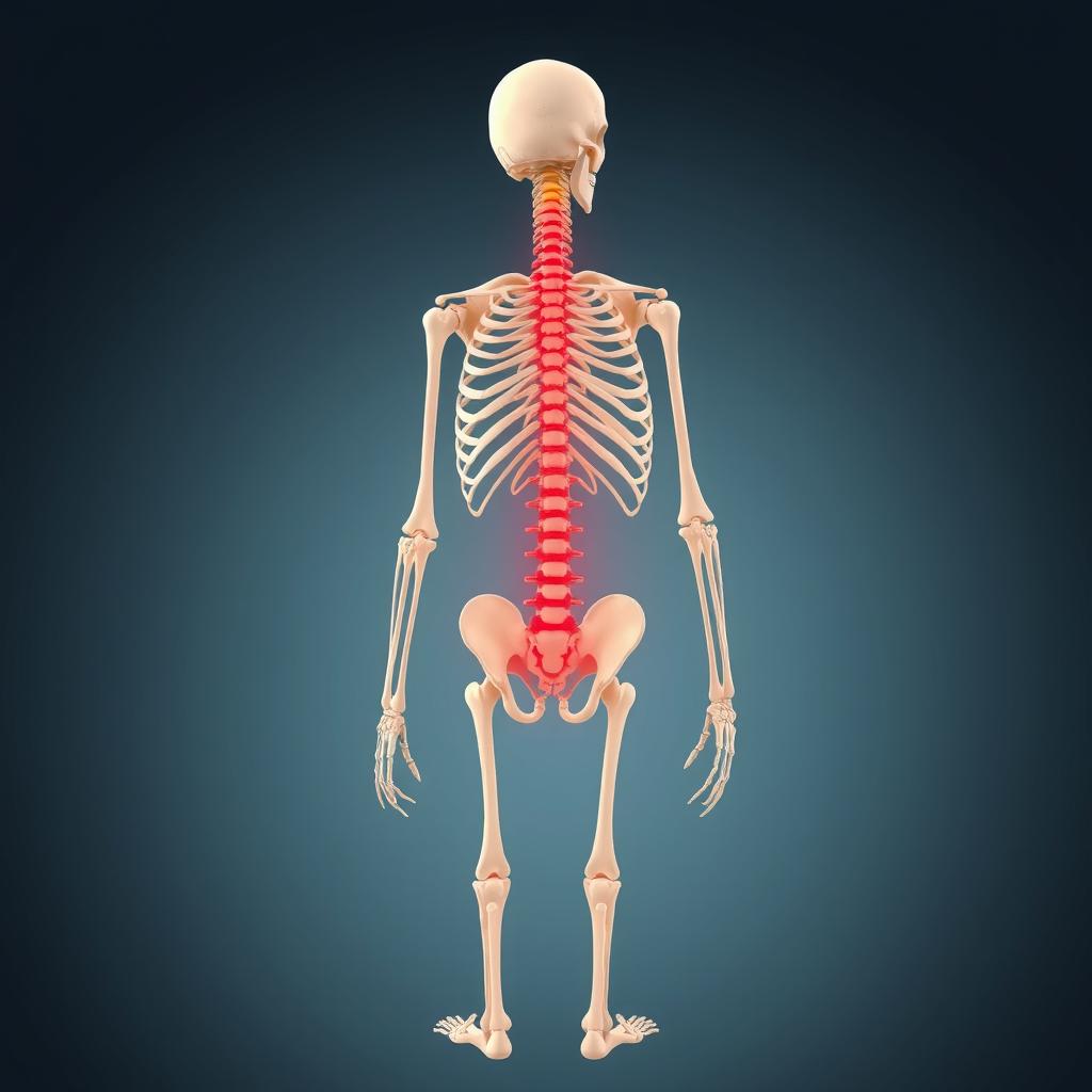 An anatomical illustration focusing on a human skeleton, particularly highlighting the spinal column