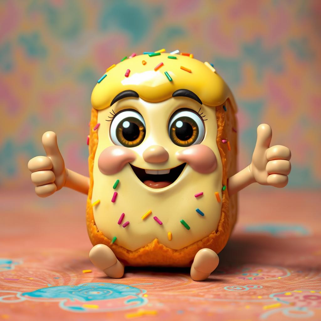A whimsical pastry, resembling a pastel (a traditional Brazilian snack), animated with anthropomorphic features