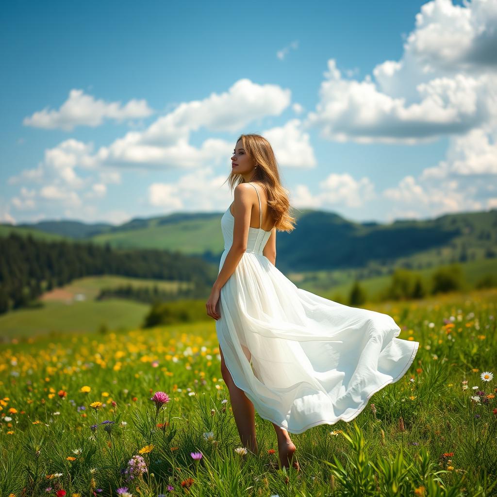 A beautiful woman standing in a serene landscape, wearing a flowing white dress that billows gently in the breeze