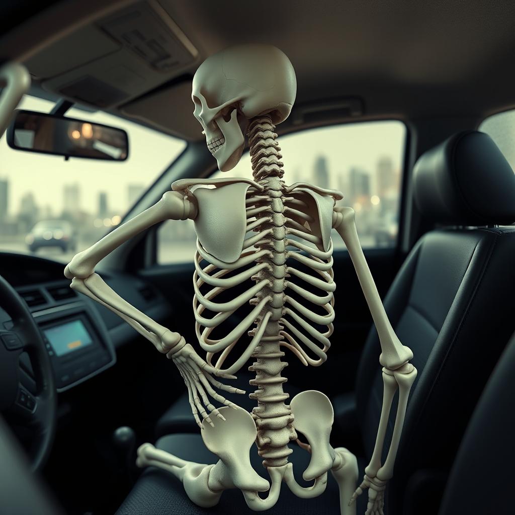 A skeletal representation of a taxi driver sitting in the driver's seat of a taxi cabin, with articulated joints and bones visible