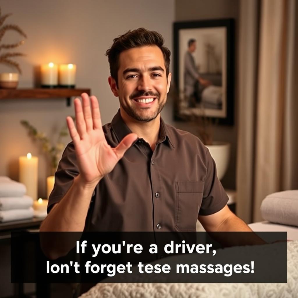 A professional masseur demonstrating a massage technique while addressing an audience, emphasizing the benefits for drivers