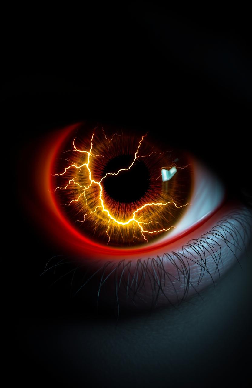 A close-up of a striking eyeball displaying an intense, angry expression