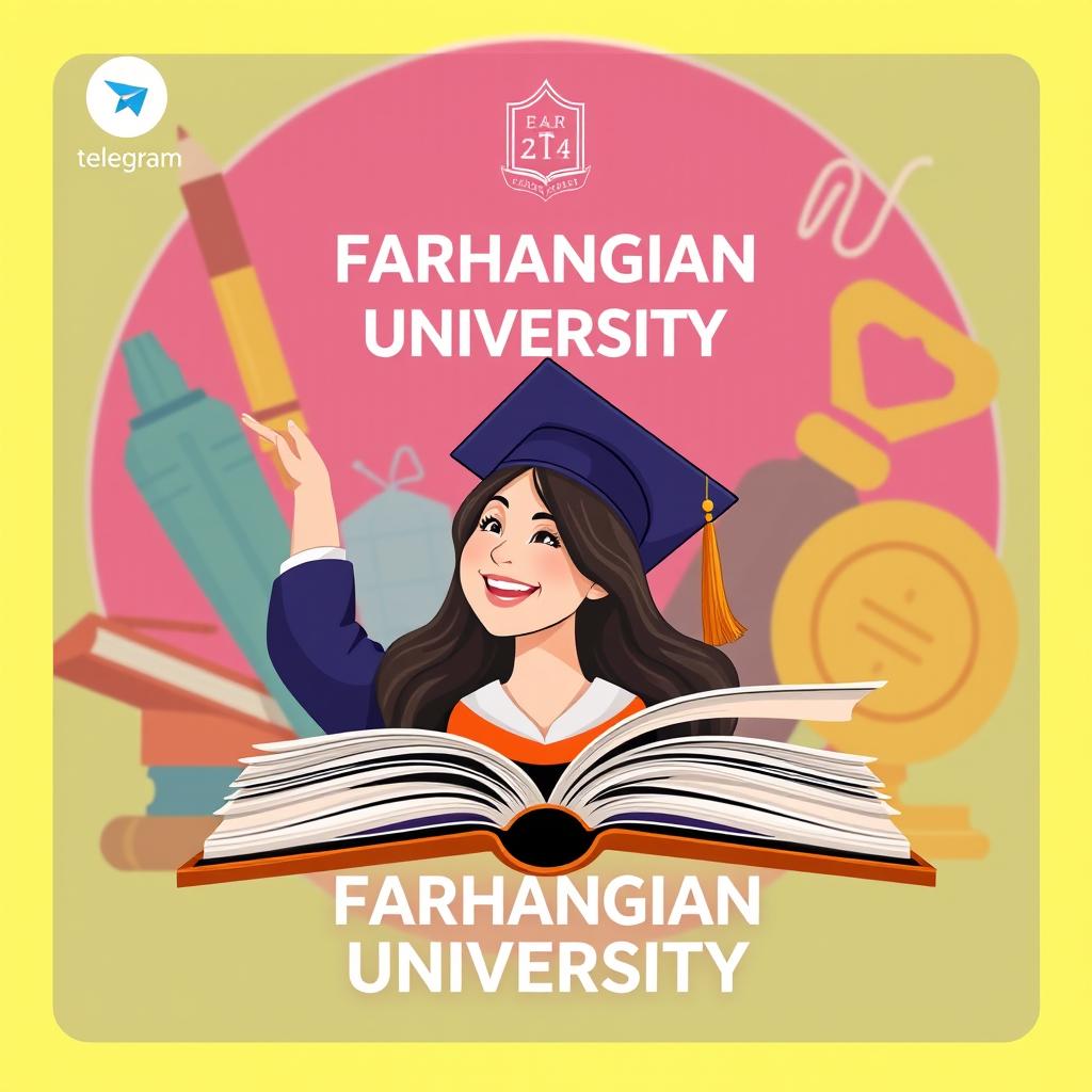 A vibrant profile design for Farhangian University, featuring an open book and a graduation cap prominently displayed