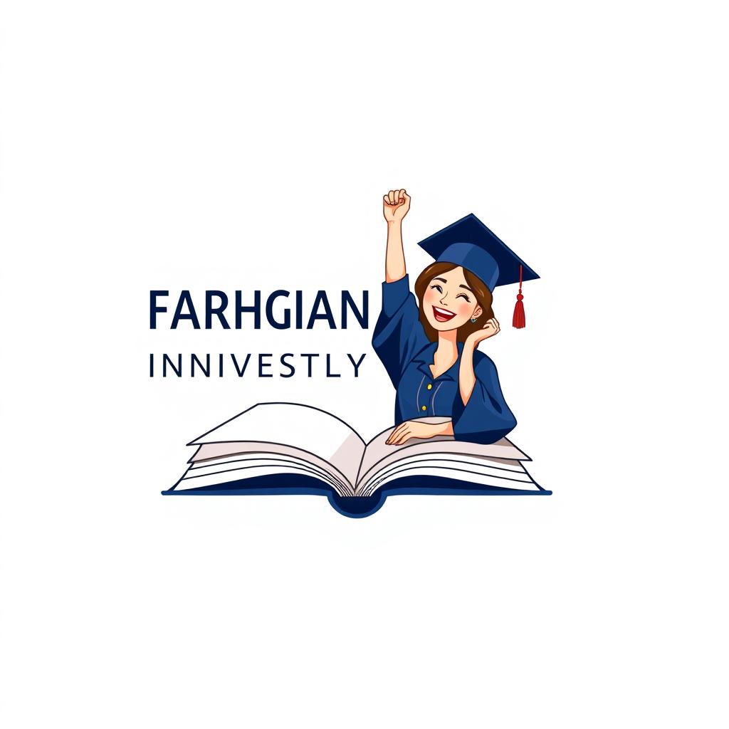 A stylish and attractive profile design for Farhangian University featuring an open book, a graduation cap, and a female student character